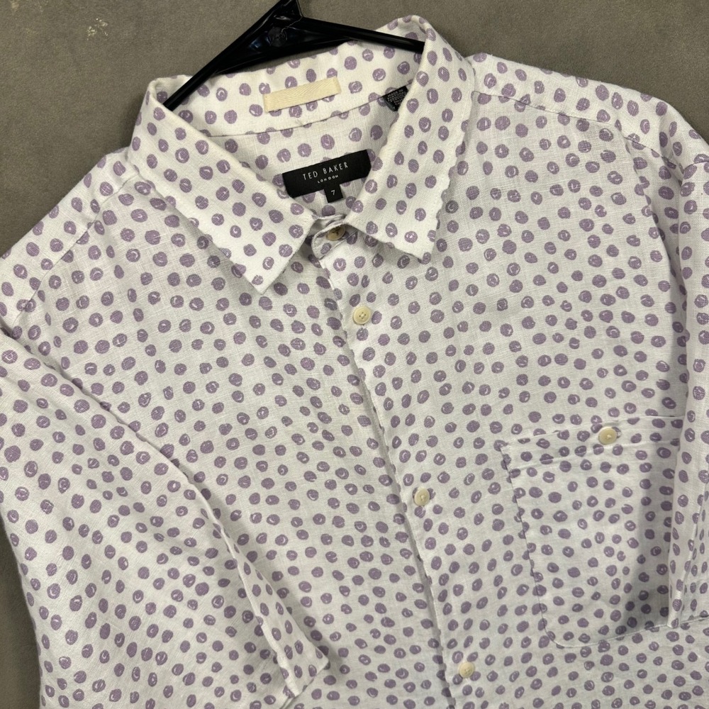 Ted Baker Button Up‎ Shirt Mens 7 White Purple Polka Dot Short Sleeve Excellent